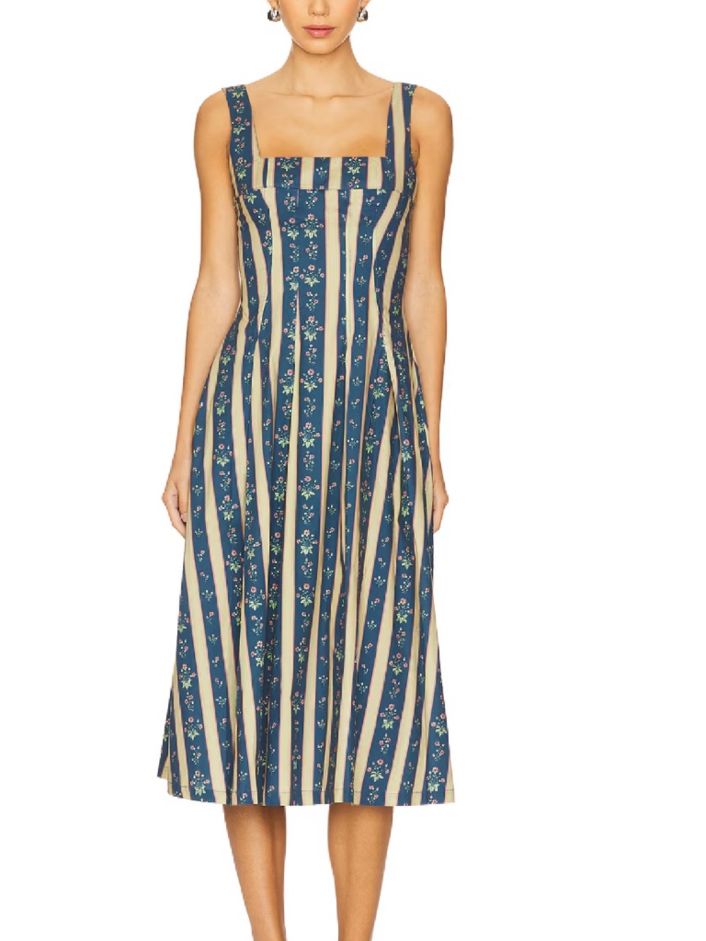 WeWoreWhat Corset Pleated Linen Midi Dress in Floral Stripe